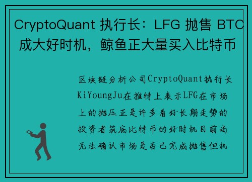 CryptoQuant 执行长：LFG 抛售 BTC 成大好时机，鲸鱼正大量买入比特币